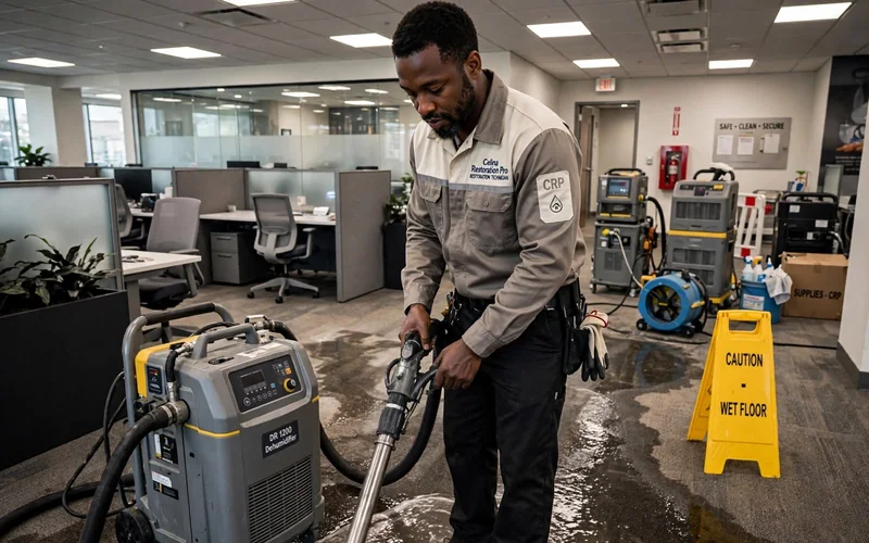 Technician extracting water in a flooded Celina TX business office