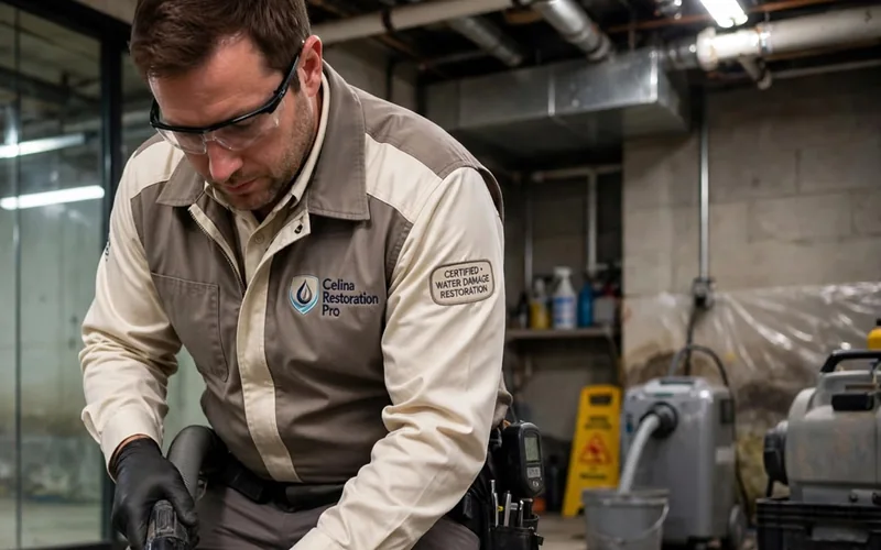 Restoration technician extracting water from a wet floor