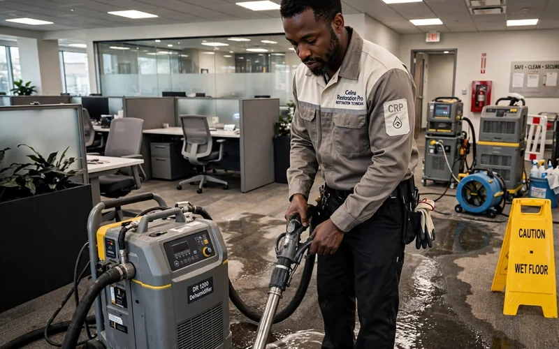 Emergency water extraction by a Celina Restoration Pro technician