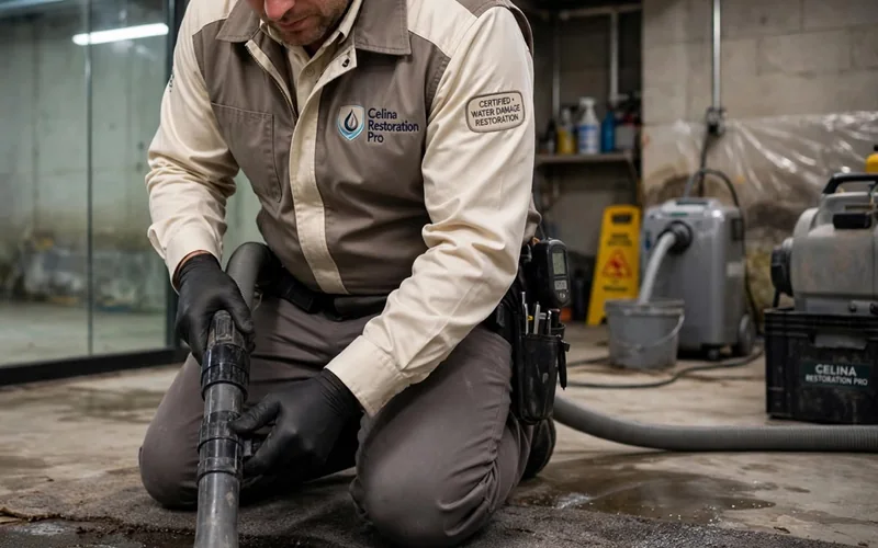 Technician using an extraction wand on a wet floor in Celina TX