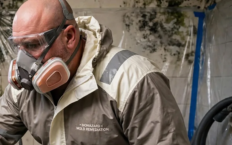 Technician spraying treatment inside a mold containment area